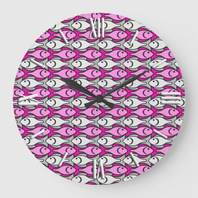 Grande Horloge Ronde Mi-siècle Poisson moderne, rose et gris (Recto)