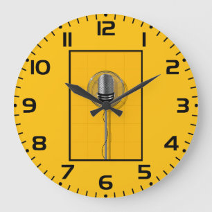 Grande Horloge Ronde Microphone Rétro sur Jaune Gras
