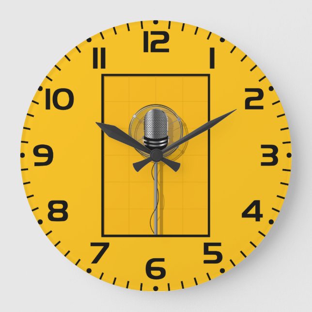 Grande Horloge Ronde Microphone Rétro sur Jaune Gras (Recto)