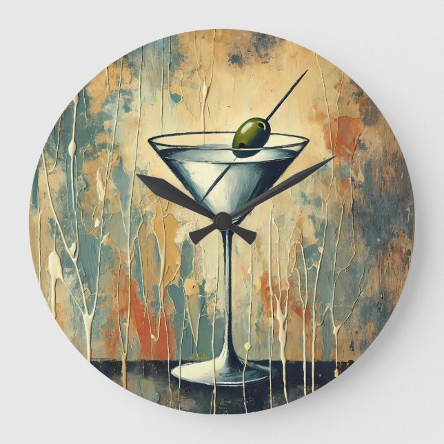 Grande Horloge Ronde Mid Century Mixed Media Martini Art (Recto)