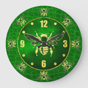 Grande Horloge Ronde Miel Bee en or et vert