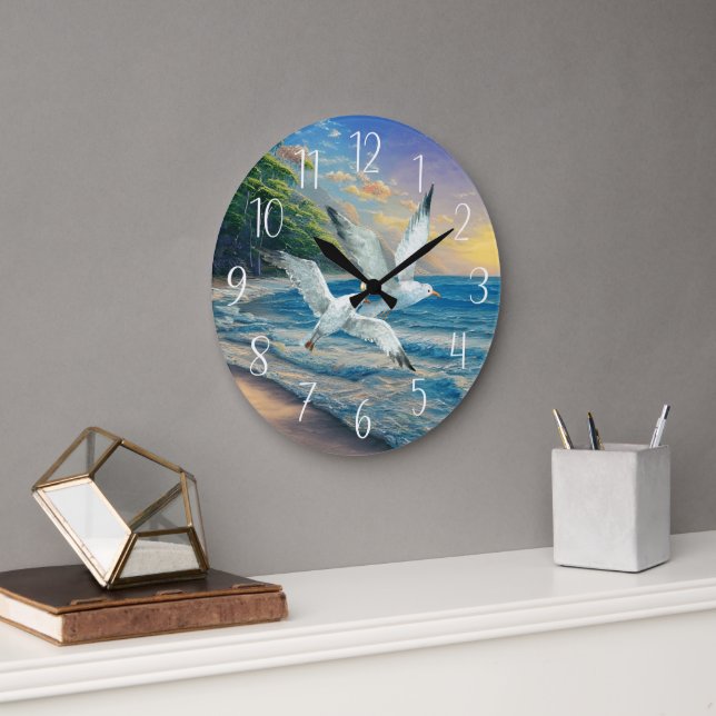 Grande Horloge Ronde mignon amoureux de mouette volant maison de plage (Bureau)