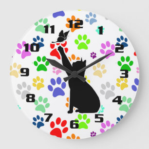 Grande Horloge Ronde Mignon animal de compagnie patte de chat coloré po