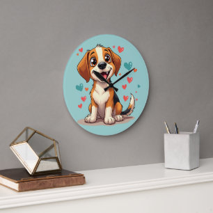 Grande Horloge Ronde Mignon Beagle Kawaii avec des coeurs Chien joueur