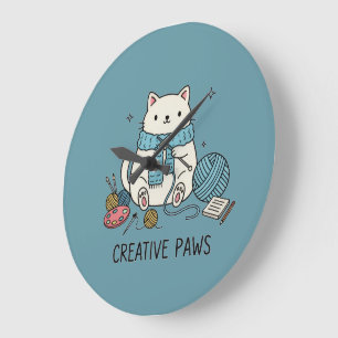 Grande Horloge Ronde Mignon Chat Blanc Tricotant Décoration de Chambre