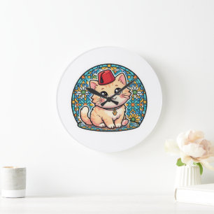 Grande Horloge Ronde Mignon chat marocain Kawaii avec chapeau Fez Tarbo
