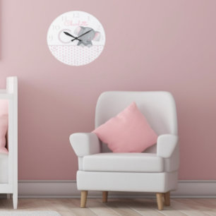 Grande Horloge Ronde Mignon Éléphant à Points de Rose Aquarelle Féminin