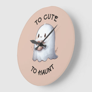 Grande Horloge Ronde Mignon fantôme Kawaii tenant un café Aquarelle