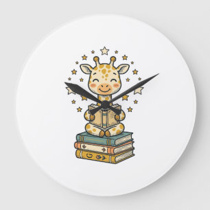 Grande Horloge Ronde Mignon Girafe Lecteur de Livres Chemise Vintage De