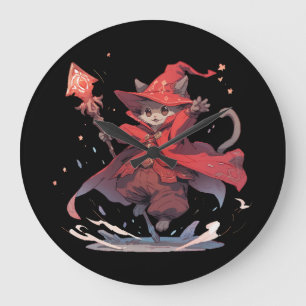 Grande Horloge Ronde Mignon Héros Chat Mage Rouge
