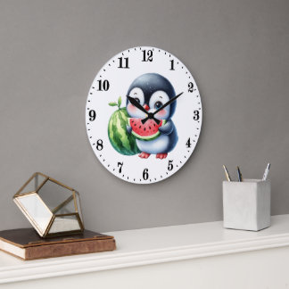 Grande Horloge Ronde Mignon manchot amateur de pastèque