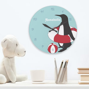 Grande Horloge Ronde Mignon Manchot de Dessin Animé Bleu Clair qui Nage
