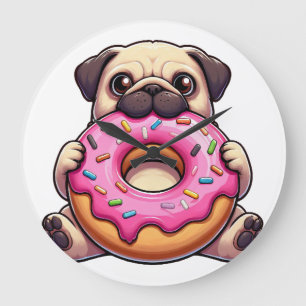 Grande Horloge Ronde Mignon pug avec beignet chien de dessin animé drôl