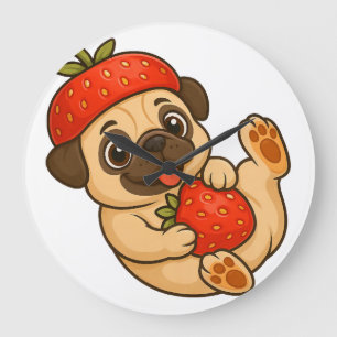 Grande Horloge Ronde Mignon pug avec dessin animé de fraises doux fruit