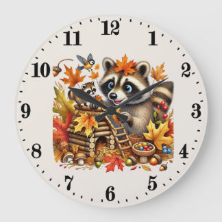 Grande Horloge Ronde Mignon raton laveur saisonnier d'automne