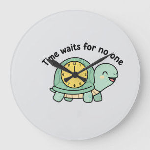 Grande Horloge Ronde Mignon Tortue "Le Temps n'attend Personne" Motivat