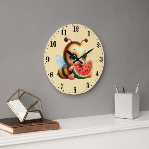 Grande Horloge Ronde Mignonne abeille amoureuse de pastèque
