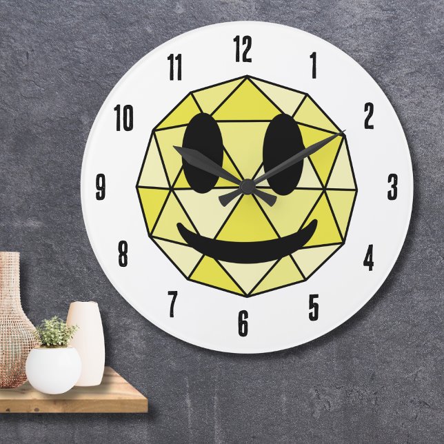 Grande Horloge Ronde Mignonne Emoticon géométrique Emoji Jaune Joyeux V (Cute Emoticon Geometric Emoji Yellow Happy Face Large Clock)