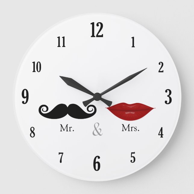 Grande Horloge Ronde Mignonne et drôle - M. et Mme Lips & Mustache (Recto)