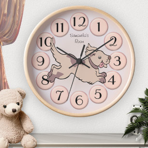 Grande Horloge Ronde Mignonne fille Blush Chien Rose Enfant Chambre Hor