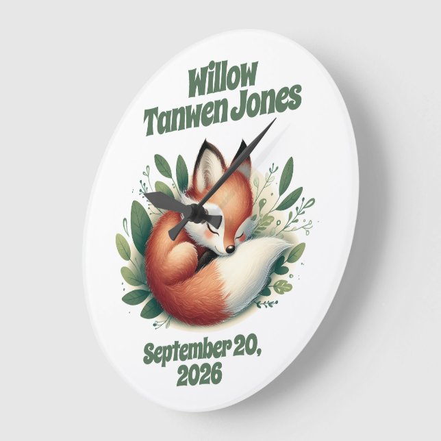 Grande Horloge Ronde Mignonne Fox dormir dans la crèche Feuille (Angle)