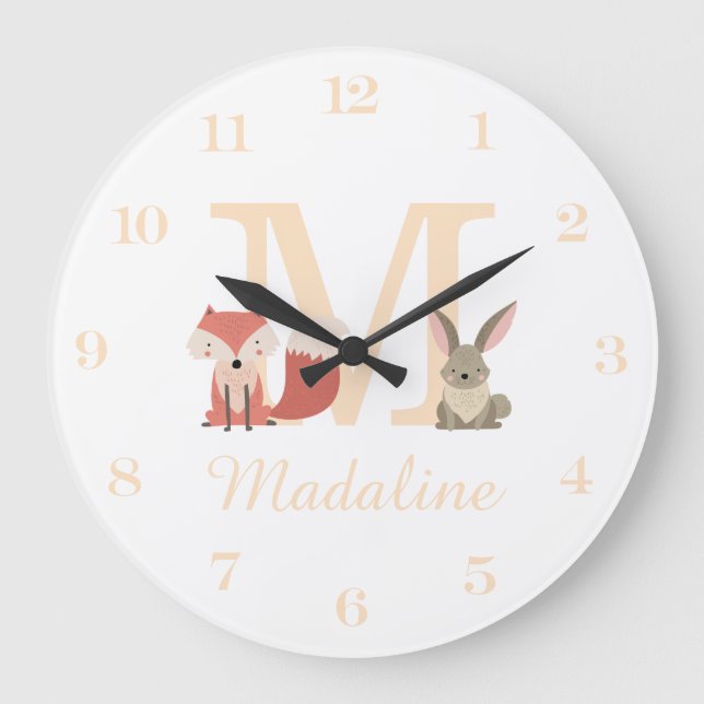 Grande Horloge Ronde Mignonne Fox Rabbit Animaux de bois Monogramme (Recto)