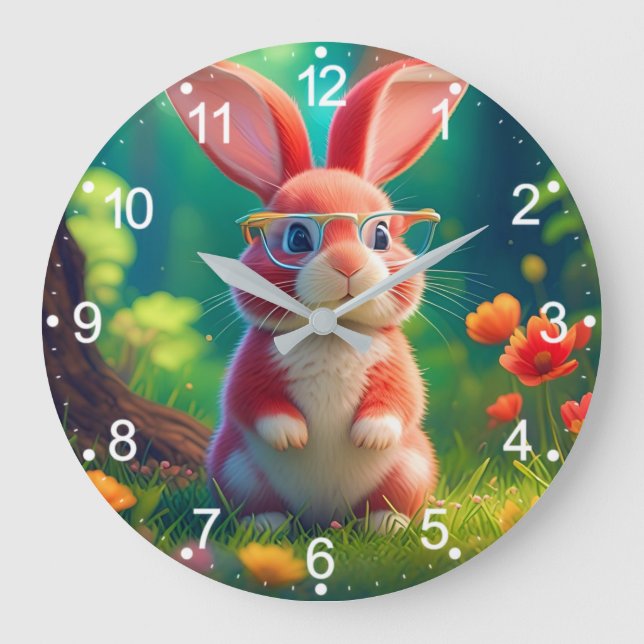 Grande Horloge Ronde Mignonne lapin rose sur herbe verte-47567 (Recto)