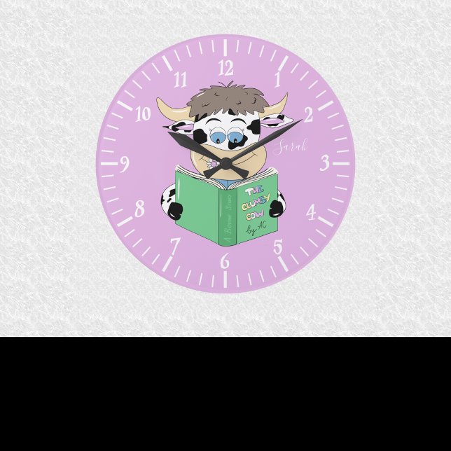 Grande Horloge Ronde Mignonne Lecture Caricature Vache Girl Room Mur Ho (Cute reading cow round wall clock .)