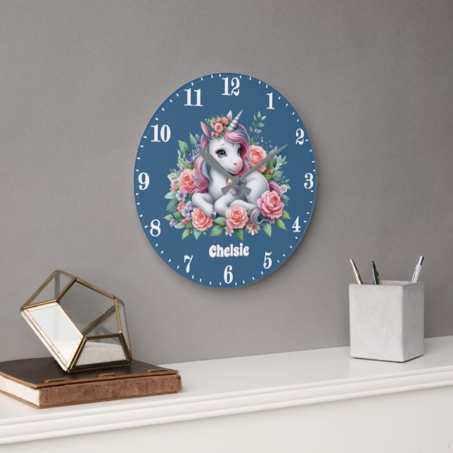 Grande Horloge Ronde Mignonne licorne filles ajouter nom (Bureau)