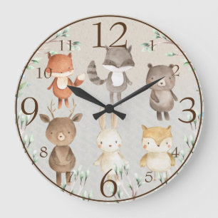 Grande Horloge Ronde Mignonne paysage bois Aquarelle Forêt Animaux