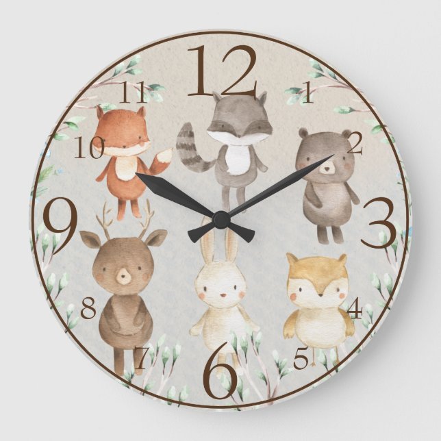 Grande Horloge Ronde Mignonne paysage bois Aquarelle Forêt Animaux (Recto)