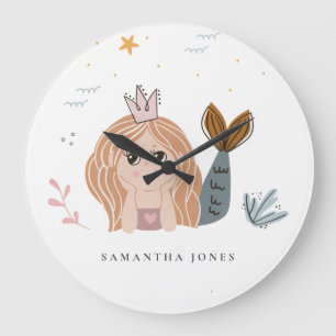 Grande Horloge Ronde Mignonne Petite Maillot Sirène Aquarelle Fille