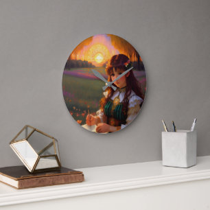 Grande Horloge Ronde Mignonne Sad Anime Style Femme dans le pré au couc