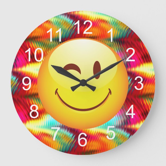Grande Horloge Ronde Mignonne Winking Happy Face et couleurs vives (Recto)