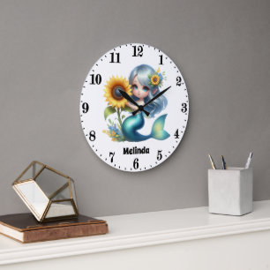 Grande Horloge Ronde Mignonnes filles imaginaire sirène ajouter nom