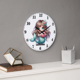 Grande Horloge Ronde Mignonnes filles imaginaire sirène ajouter nom