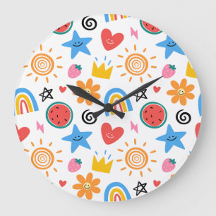 Grande Horloge Ronde Mignons gribouillages d'été - motif fantaisiste co