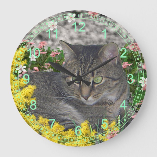 Grande Horloge Ronde Mimosa le chat tigre en Mimosa Fleurs (Recto)