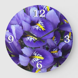 Grande Horloge Ronde Miniature Bleu Irises Printemps Floral