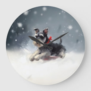 Grande Horloge Ronde Miniature Schnauzer Noël neige hiver
