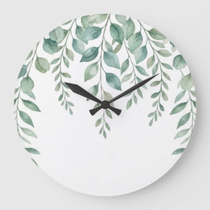 Grande Horloge Ronde Minimaliste Eucalyptus Aquarelle en Cascade Monogr