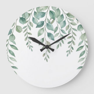 Grande Horloge Ronde Minimaliste Eucalyptus Aquarelle en Cascade Monogr