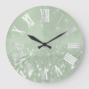 Grande Horloge Ronde Mint Green Grey Argent Parties scintillant Métal R