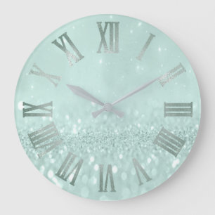 Grande Horloge Ronde Mint Green Pastel Parties scintillant Gris Métal R
