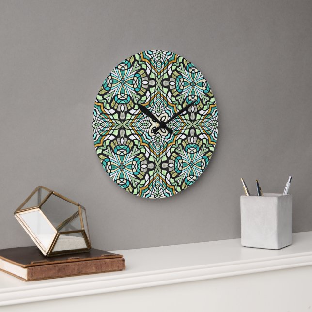 Grande Horloge Ronde Mint Vert Turquoise Hip Bohemian Bali Art Motif (Bureau)