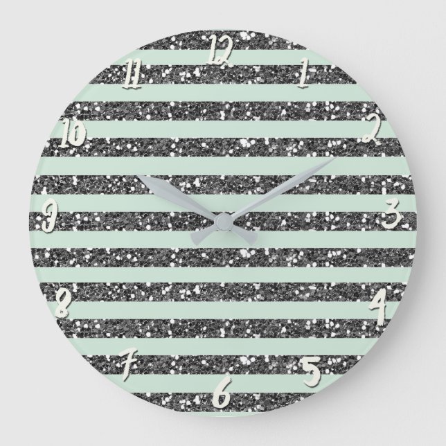 Grande Horloge Ronde Minty Mint Green & Silver Glitter Stripes Sparkle (Recto)