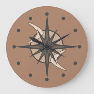 Grande Horloge Ronde Mmilieu du siècle moderne Spoutnik Starburst Sepia