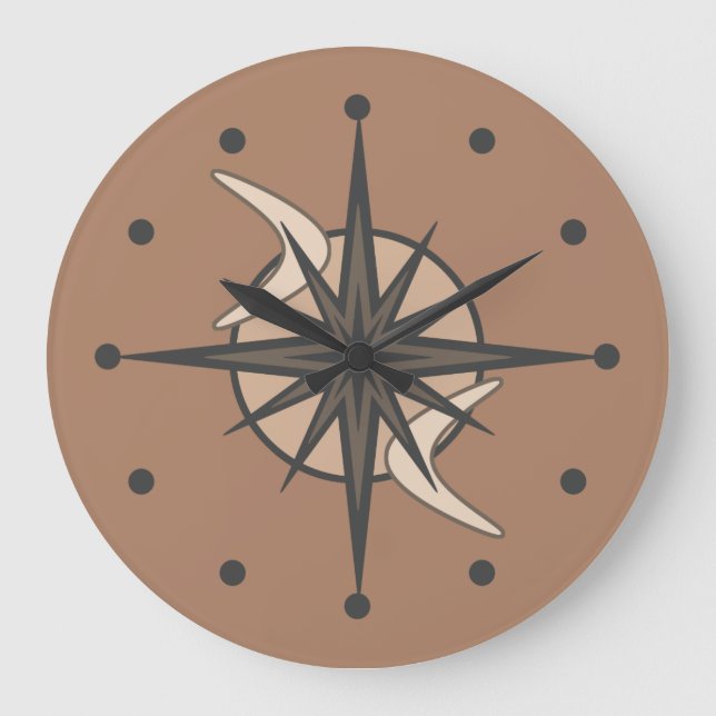 Grande Horloge Ronde Mmilieu du siècle moderne Spoutnik Starburst Sepia (Recto)