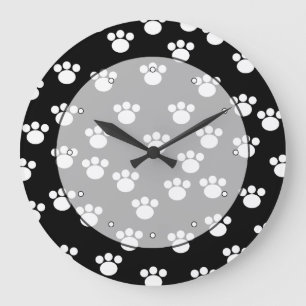 Grande Horloge Ronde Modèle animal noir et blanc d'empreinte de patte
