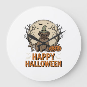 Grande Horloge Ronde Modèle de chemise vintage Halloween Pug Chapeau de